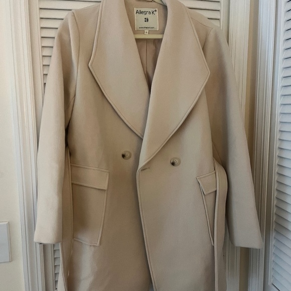 Allegra K Shawl Collar Cream Coat With Removable Belt - L - Picture 2 of 4
